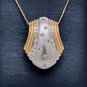 Diamond Bezel Scalloped Edge Modern Slide Pendant in 14k Two-Tone Yellow & White Gold Matte & Bright Shine $2,350 Retail VIDEO