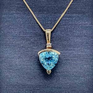 Trillion Blue Topaz & Diamond 2-Stone Modern Drop Pendant in Yellow Gold VIDEO