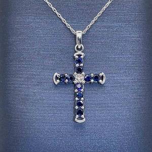 Blue Sapphire & Diamond Classic Cross Pendant Necklace in White Gold $1,575 Retail