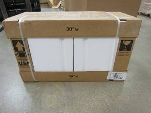 lot 102 image: Hampton Bay Hampton Satin White Raised Panel Stock Assembled Wall Bridge Kitchen Cabinet (30 in. x 18 in. x 12 in.) (CRACKED ON BACK)