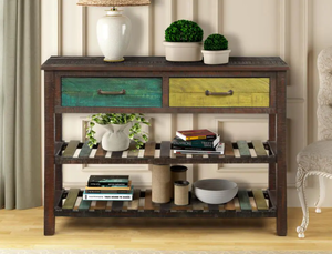 lot 239 image: Harper & Bright Designs 45 in. Brown Standard Rectangle Wood Console Table with Drawers and 2-Shelves (IN BOX)