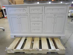 lot 242 image: Home Decorators Collection Doveton 60 in. W x 19 in. D x 34.50 in. H Bath Vanity in White with White Cultured Marble Top (DAMAGE TO 1 DOOR & TOP IS BROKEN, SEE PHOTOS)