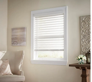 lot 202 image: Home Decorators Collection White Cordless Room Darkening 2.5 in. Premium Faux Wood Blind for Window - 70.5 in. W x 64 in. L