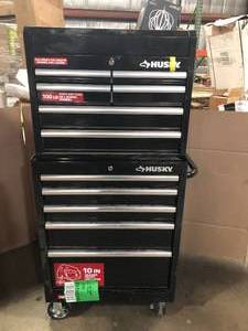 lot 27 image: 27 in. W x 18 in. D Standard Duty 11-Drawer Tool Chest Combo and Top Tool Cabinet Combo in Black, Customer return, Review all pictures