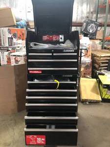 lot 29 image: Husky 30 in. W x 24.5 in D Standard Duty 10-Drawer Combination Rolling Tool Chest and Top Tool Cabinet in Gloss Black, Customer return, Review all pictures