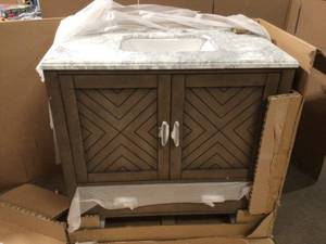 Home Decorators Collection Sedona 37 in. W Vanity in Fawn Grey with Natural Marble Vanity Top in White with White Sink, Open Box, Review all pictures