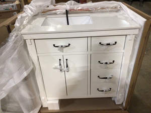 Home Decorators Collection Bellington 36 in. W x 22 in. D x 34.5 in. H Bath Vanity in White with White Engineered Stone Top, Customer return, review all pictures