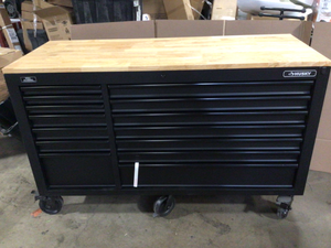 Husky 62 in. W x 24 in. D Heavy Duty 14-Drawer Mobile Workbench Cabinet with Adjustable Height Wood Top in Matte Black Costumer Returns
