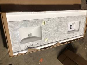 lot 5 image: Home Decorators Collection 73 in. W x 22 in. D Bianco Carrara White Marble Double Basin Vanity Top with White Basins, Customer return, Has DAMAGE Review all pictures
