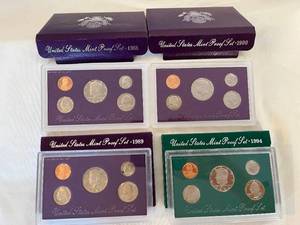 lot 88 image: U.S. Mint Proof Sets - lot of 4  1988198919901994 in beautiful conditionboxed