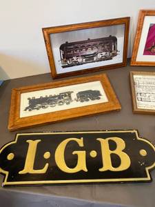 lot 104 image: lot of 7 beautifully framed train photos & a decorative LGB train sign