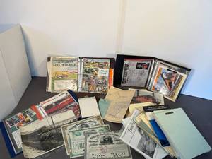 lot 111 image: box of train papers  maps, photos, historic papers, etc., from avid train collectors extensive collection