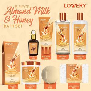 Brand New Lovery Bath Almond Milk & Honey 8-Pc. Spa Gift Basket (basket has damage)