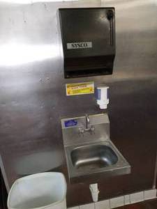 Sink, Towel Dispenser, Soap Dispenser & Waste Basket