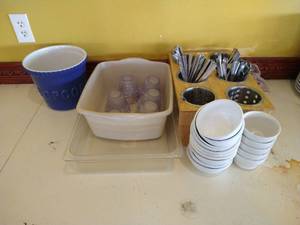 Dish Lot - Popcorn Bucket, Bowls, Flatware