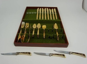 lot 70 image: Vintage Silverware with Hand Carved Felt-Lined Wood Box Hinged Case
