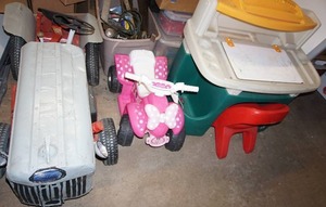 lot 77 image: Minnie Mouse 4-Wheeler Riding Toy, FP Child WorkStation Desk, Handmade Metal Tractor