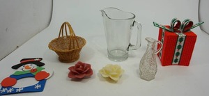 lot 96 image: Tabletop Decor, Easter Basket, Cruet, Glass Pitcher Etc.