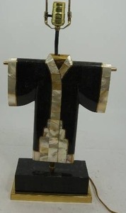 lot 19 image: Solid marble-brass-capiz-sculptural-kimono-table lamp 1980s