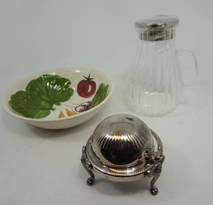 lot 107 image: Hand Painted Iron Stone Vegetable Bowl, Glass Serving Pitcher with Lid, Sterling() Silver Appetizer Server