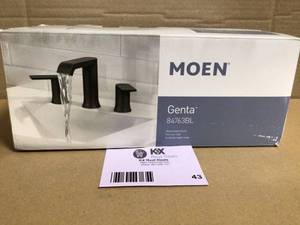 lot 43 image: MOEN Genta 8 in. Widespread 2-Handle Bathroom Faucet in Matte Black customer return see pictures