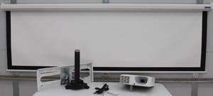 lot 3 image: Casio XJ-F100W HDMI DLP Projector, Remote, Mount, Ceiling Bracket & Screen