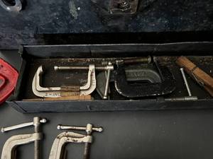 lot 26 image: Assorted Clamps, Vice, Vintage Tool Chest and More
