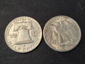 2 US SILVER HALF DOLLARS 1945-D 1949-D