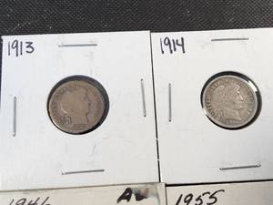 6 US SILVER DIMES 1913 1914 BARBER 1920 MERCURY 1946 1955 1959-D ROOSEVELT