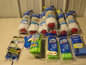 15 Piece Lot - QuikieLysol Mop Heads, Scrub Brush and Handle Adapters