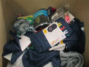 box of overstock pet clothes and mo...