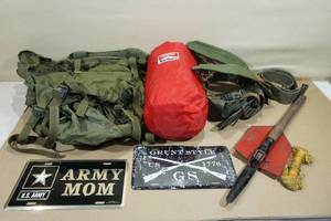 lot 75 image: Assorted Camping and Hiking Gear - Sleeping Bag, Shovel, Backpack