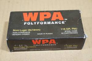 lot 155 image: 50 WPA Polyformance 9mm Luger 115 Gr FMJ Steel Case Ammo