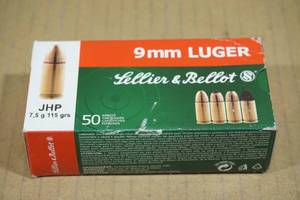 lot 158 image: 50 Sellier & Bellot 9mm Luger 115 Gr JHP Ammo