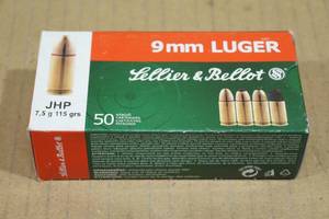 lot 159 image: 50 Sellier & Bellot 9mm Luger 115 Gr JHP Ammo