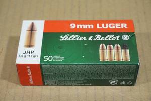 lot 160 image: 50 Sellier & Bellot 9mm Luger 115 Gr JHP Ammo