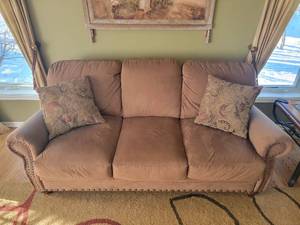 lot 22 image: Contemporary Studded Camel Tone Sofa
