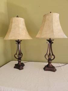 lot 24 image: Traditional Marble Bead Lamp Pair