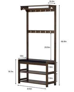 lot 75 image: SEIRIONE Coat Rack with Shoe Bench, with Faux Leather Cushion, 4 In 1 Design, 10 Double Hanging Hooks, 31.5 Inch Wide