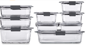 lot 21 image: Rubbermaid Brilliance Glass Storage Set of 9 Food Containers with Lids (18 Pieces Total), Set, Assorted, Clear