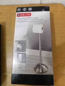 lot 114 image: New Delta  Greenwich Telescoping Pivoting Free-Standing Toilet Paper Holder in SpotShield Brushed Nickel