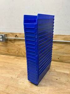 lot 65 image: AKRO-MILLS Lot of 18 Blue 4 18x12x4 78 Cu Inch Plastic Storage Bins