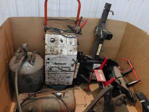 lot 44 image: Misc. Lot of Portable Air Tanks, Vintage Oil Pump, Power Lift Hitch (2 receiver) and Charger