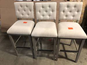 lot 32 image: Lot of 3 Ellesse Bar Height Stool with a solid hardwood frame finished in a weathered gray customer return review pictures