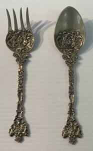 lot 7 image: Antique Baroque Italy Monkeys Crown Seving Spoon & Fork Made In Italy