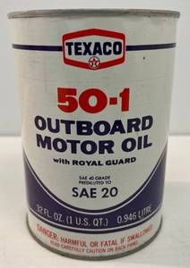 lot 20 image: Vintage Texaco Metal 50-1 Outboard Motor Oil Can (Full)