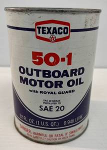 lot 22 image: Vintage Texaco Metal 50-1 Outboard Motor Oil Can (Full)