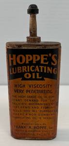 lot 37 image: Very Cool Hoppes Lubrication Oil Can (Handcarved Wooden Salesmans Sample) 5 12T x 2W x 34D
