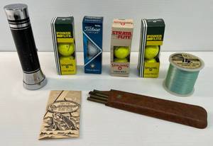 lot 38 image: Group Of Misc. Vintage Items Including Holiday Fishing Line, Metal Flashlight, Solid Brass Gun Cleaner Rod And More