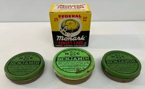 lot 43 image: Vintage Monach 20 GA Target Load Box Almost Full And Vintage Benjamin Pellets Tin 1 Full 1Partial And 1 Empty